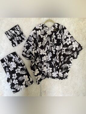 Tropical Print Sets Featuring Black&white Hibiscus,leaf pattern (SKU686)
